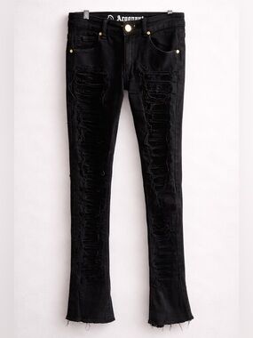 Argonaut Black Distressed Skinny Mens Jeans 30x36 Raw Hem Stretch Denim